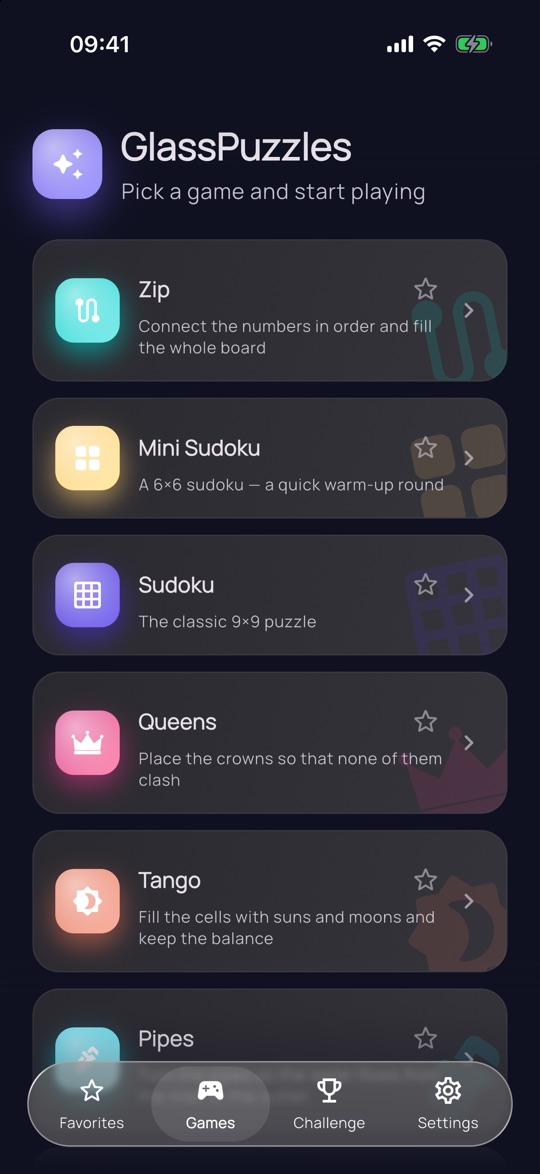 GlassPuzzles: game list